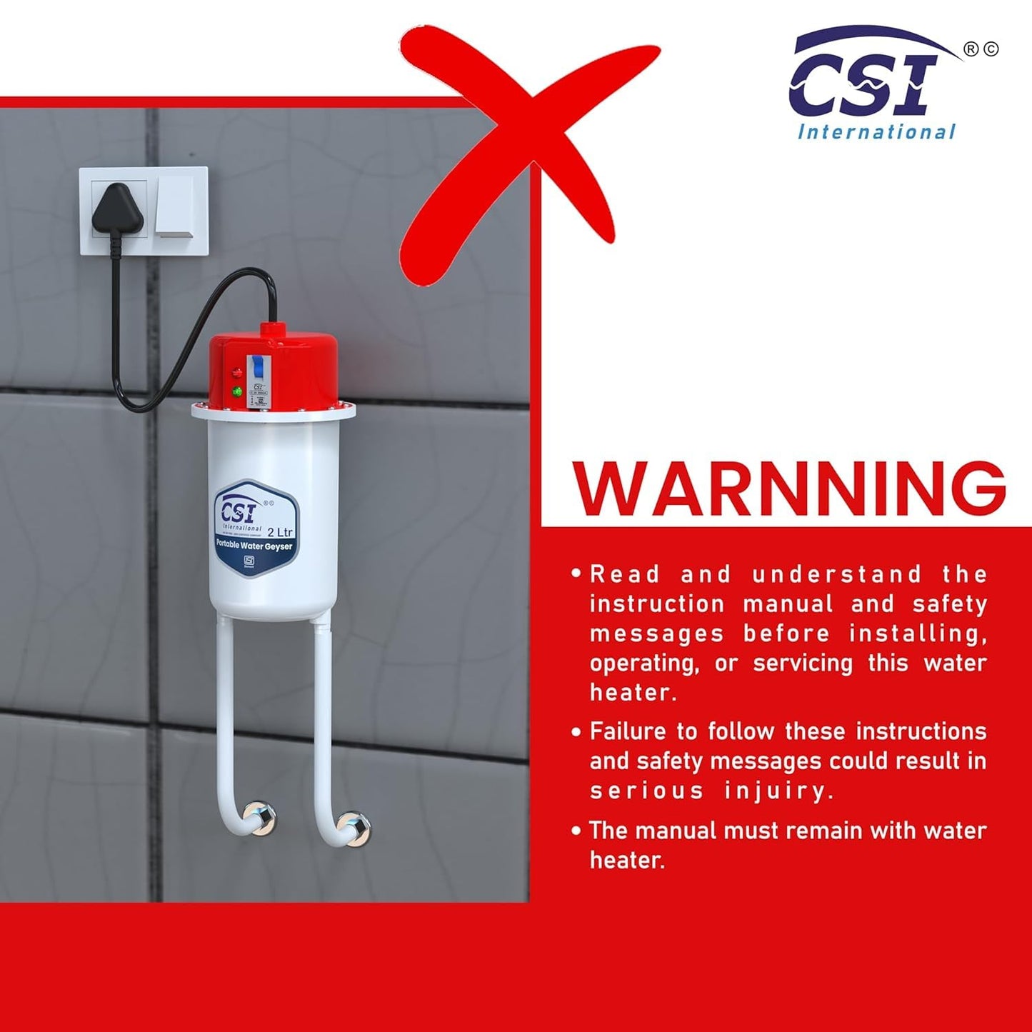 CSI INTERNATIONAL Instant Water Geyser, 1 L Portable Water Heater, Made Of First Class Abs Plastic 3Kw, Auto Cut Off Feature (Red)
