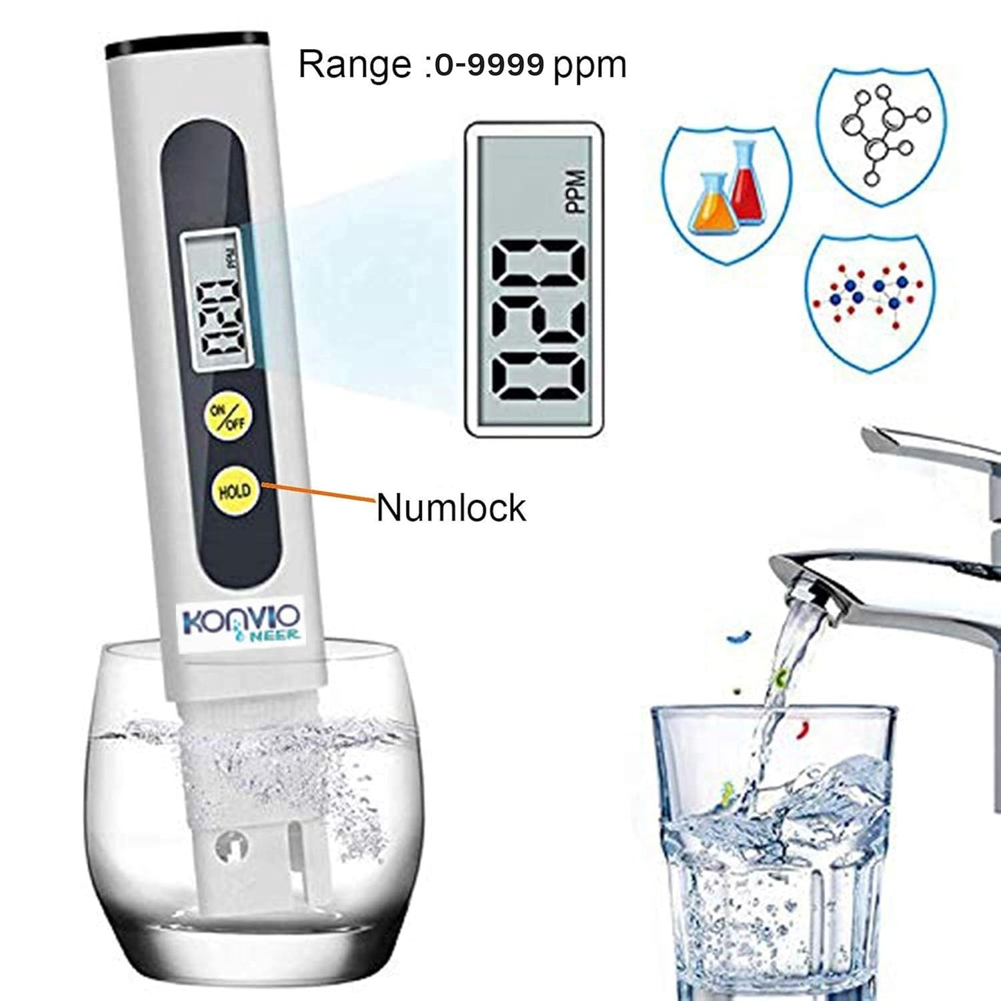 Konvio Neer Imported Tds Meter, Total Dissolved Solids Meter, Water Quality Tester, Ppm Tester For Water Testing - White