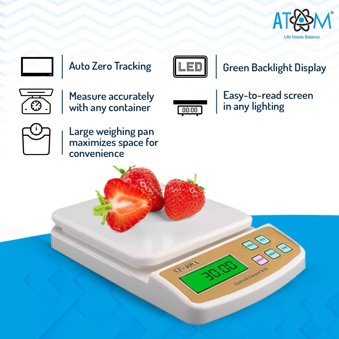 Atom 10Kg Kitchen Weight Machine 6 Months Manufacturer Warranty, Digital Scale with LCD Display, Scale for Home Baking, Cooking & Balance Diet. Machine with capacity 10Kg, SF400/A121,Color May Vary