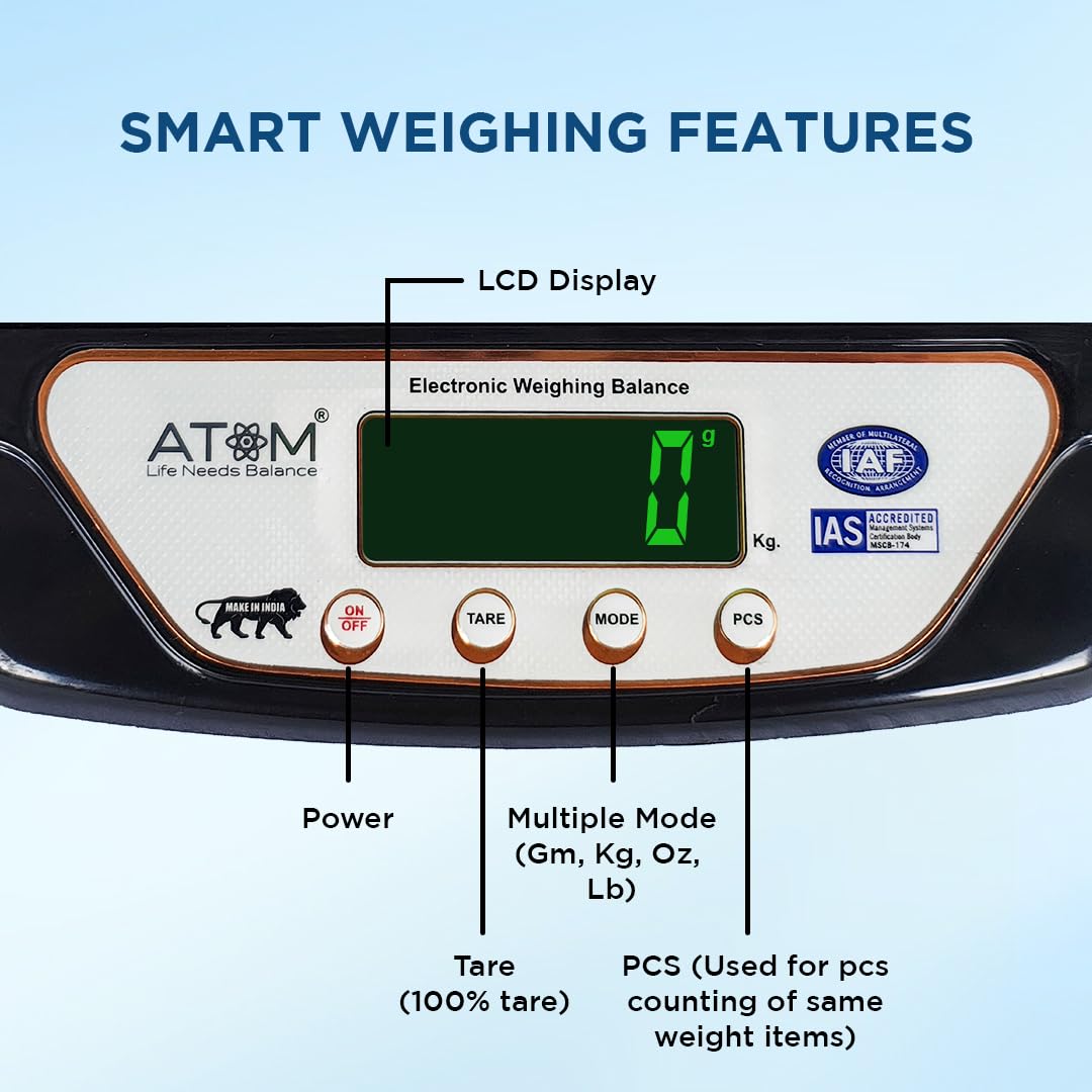 Atom 10Kg Kitchen Weight Machine 6 Months Manufacturer Warranty, Digital Scale with LCD Display, Scale for Home Baking, Cooking & Balance Diet. Machine with capacity 10Kg, SF400/A121,Color May Vary