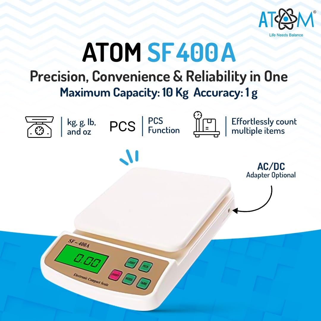 Atom 10Kg Kitchen Weight Machine 6 Months Manufacturer Warranty, Digital Scale with LCD Display, Scale for Home Baking, Cooking & Balance Diet. Machine with capacity 10Kg, SF400/A121,Color May Vary
