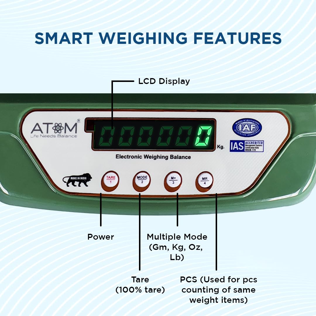 Atom 10Kg Kitchen Weight Machine 6 Months Manufacturer Warranty, Digital Scale with LCD Display, Scale for Home Baking, Cooking & Balance Diet. Machine with capacity 10Kg, SF400/A121,Color May Vary