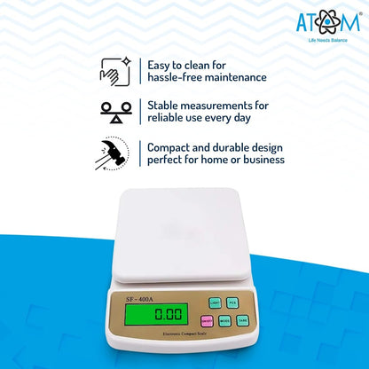 Atom 10Kg Kitchen Weight Machine 6 Months Manufacturer Warranty, Digital Scale with LCD Display, Scale for Home Baking, Cooking & Balance Diet. Machine with capacity 10Kg, SF400/A121,Color May Vary