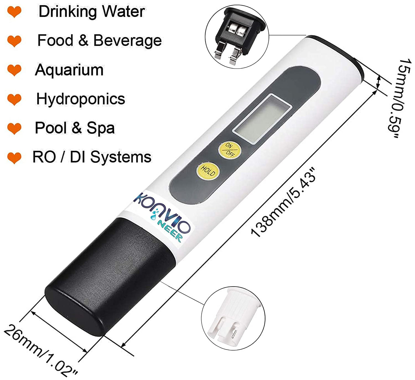 Konvio Neer Imported Tds Meter, Total Dissolved Solids Meter, Water Quality Tester, Ppm Tester For Water Testing - White