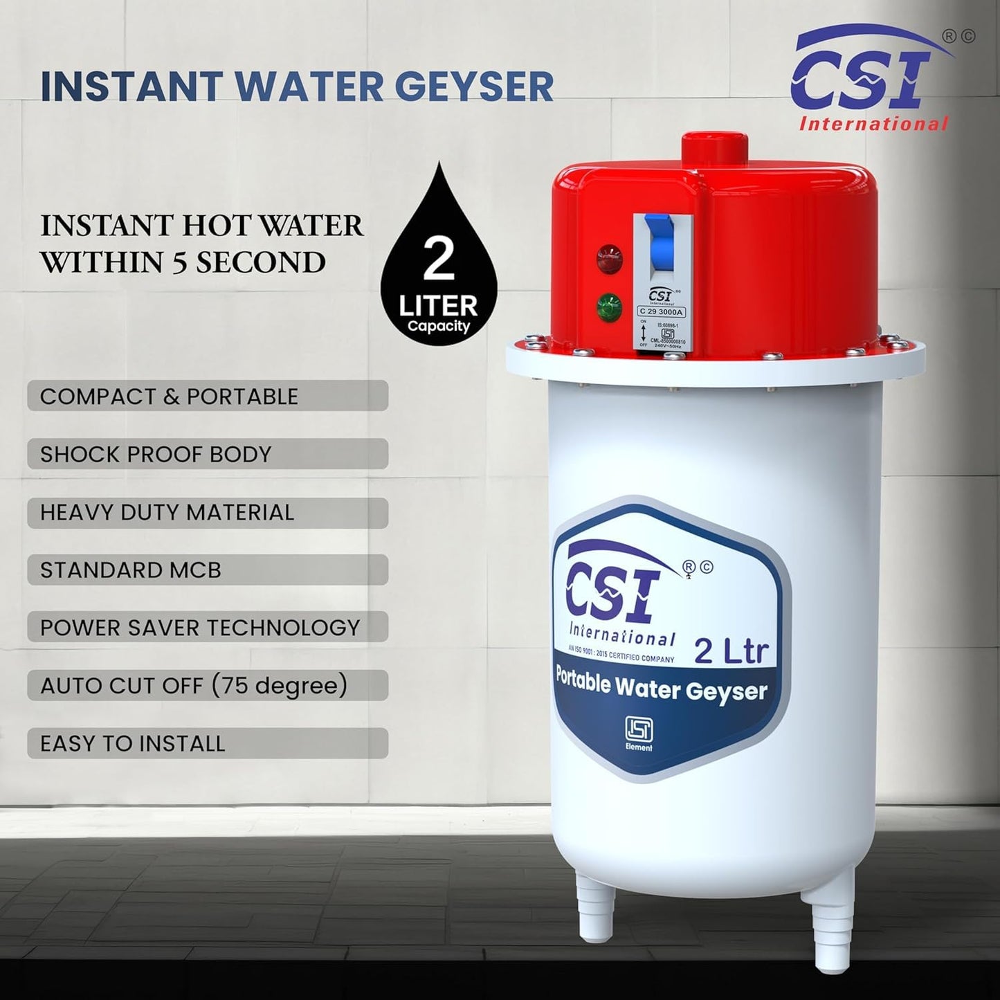 CSI INTERNATIONAL Instant Water Geyser, 1 L Portable Water Heater, Made Of First Class Abs Plastic 3Kw, Auto Cut Off Feature (Red)