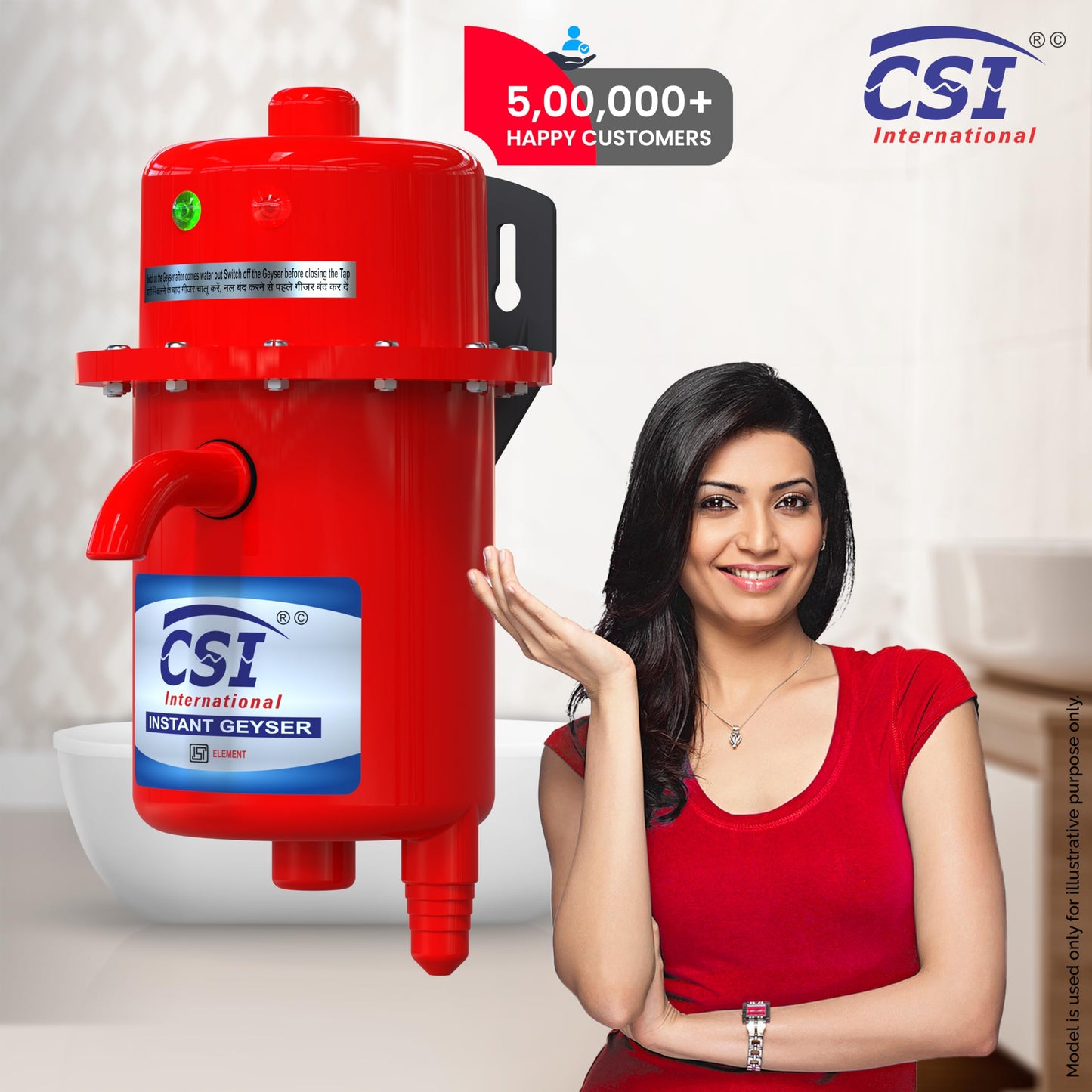 CSI INTERNATIONAL Instant Water Geyser, 1 L Portable Water Heater, Made Of First Class Abs Plastic 3Kw, Auto Cut Off Feature (Red)