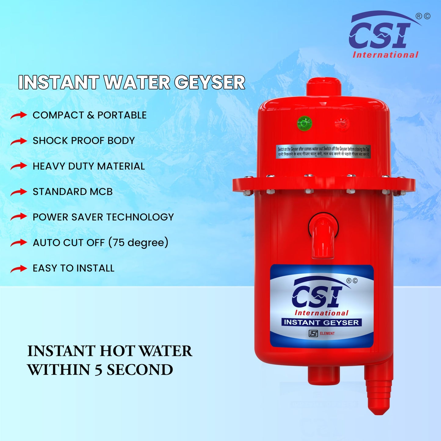 CSI INTERNATIONAL Instant Water Geyser, 1 L Portable Water Heater, Made Of First Class Abs Plastic 3Kw, Auto Cut Off Feature (Red)