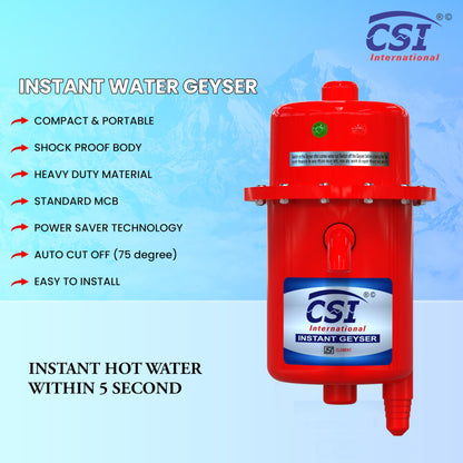 CSI INTERNATIONAL Instant Water Geyser, 1 L Portable Water Heater, Made Of First Class Abs Plastic 3Kw, Auto Cut Off Feature (Red)